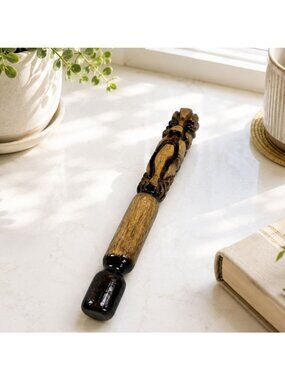 Vintage Hand Carved Wooden Wand Port Hardy Folk Art Bearded Face Carving Rustic